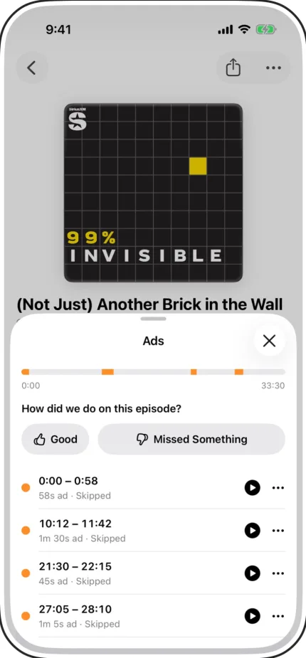 The Ads sheet for that episode, listing four ad breaks, each skipped