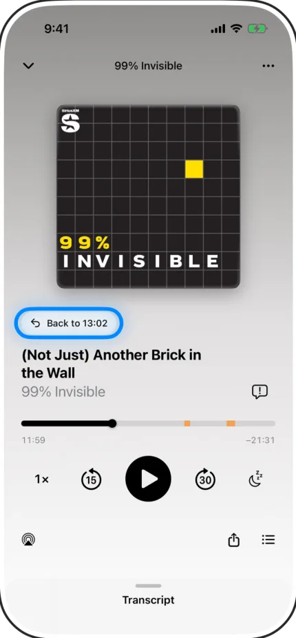 Marble’s player for an episode of 99% Invisible, its ad breaks marked in orange on the time bar